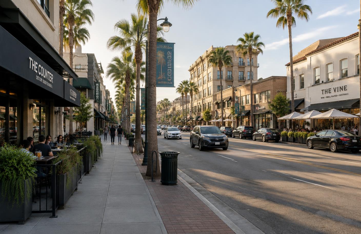 Palm-lined Glendale street with sidewalk restaurants and low-rise buildings